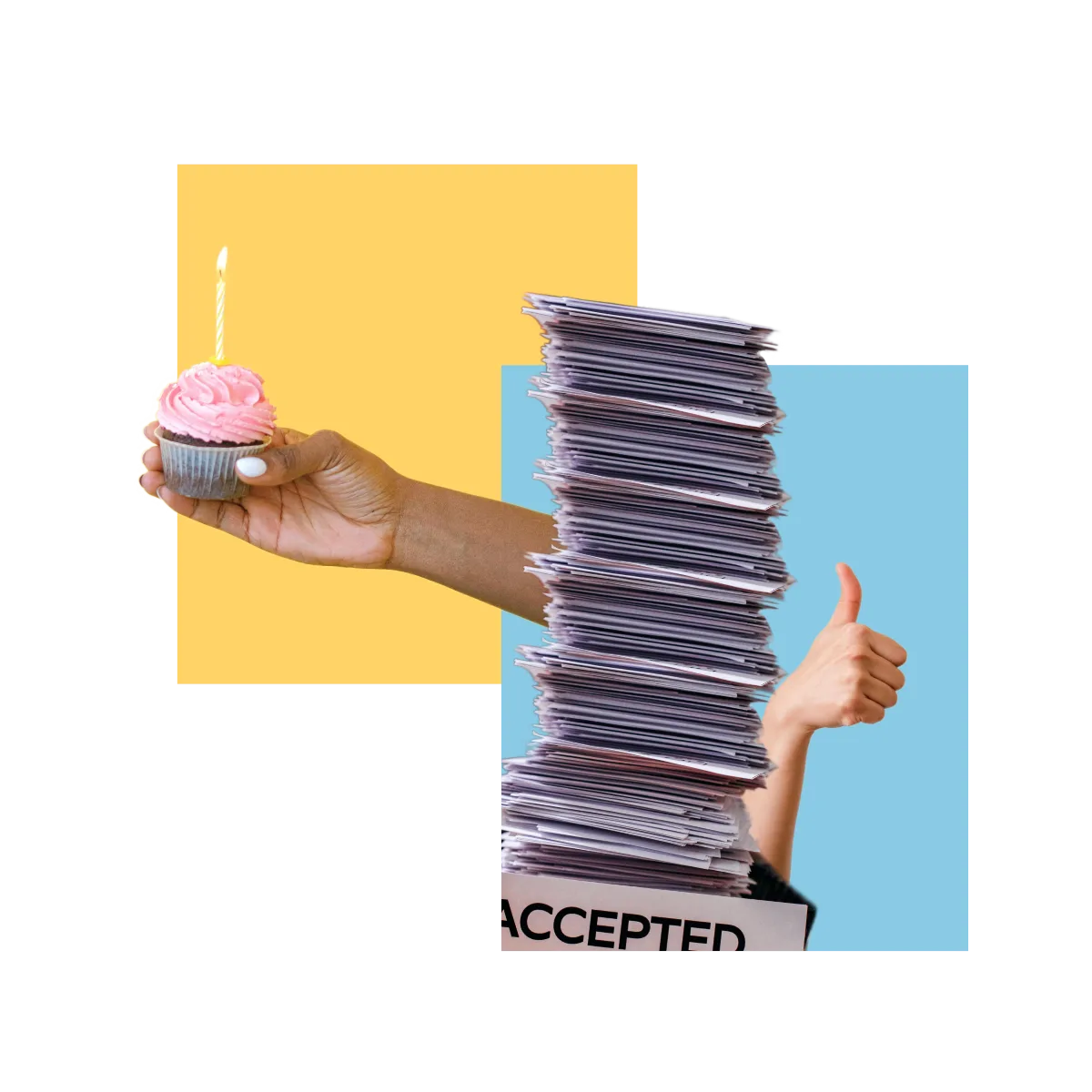 Collage with a very tall stack of papers in a basket marked "accepted," with a thumbs-up emerging from behind one side of the stack, and a hand holding a cupcake emerging from the other side.
